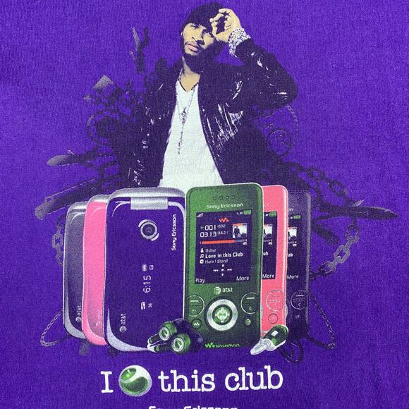 Usher In This Club Promo T-Shirt Purple Size L Sony Ericsson MP3 AT&T Phone VTG - Picture 4 of 6